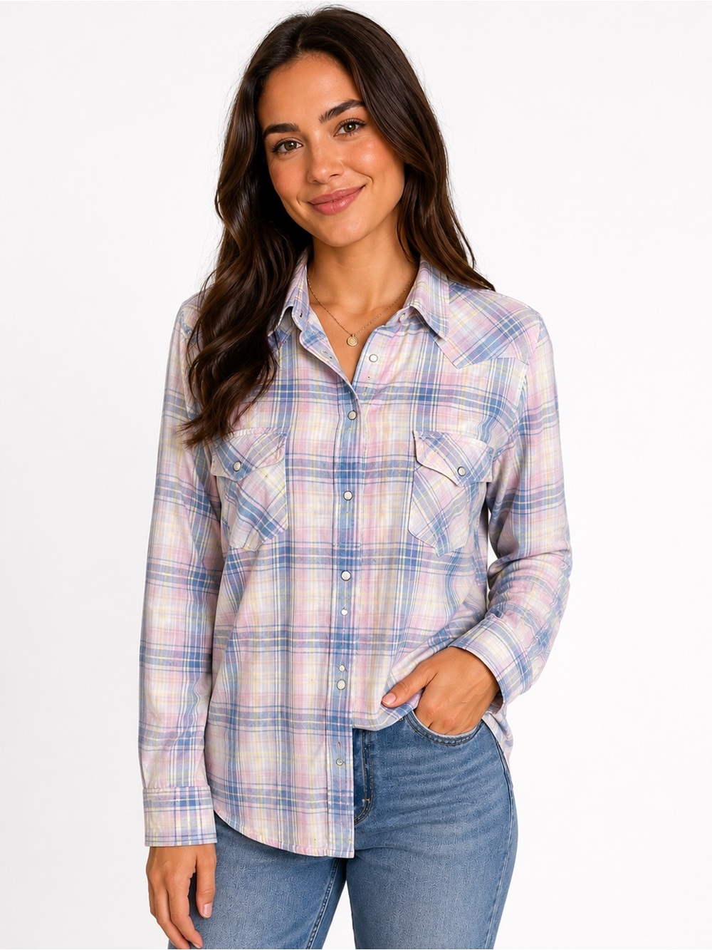American Eagle Vintage Boyfriend Plaid Pearl Snap Western Shirt Large Cotton